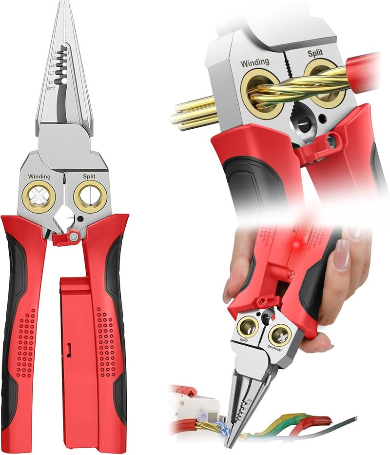 GADO Pro 8-in-1 Wire Crimper Stripper with Voltage Detector & Dual Alarms - Heavy Duty 12-250V AC/DC Tester for Hot/Neutral Wires - Electrician, HVAC, Car Repair Tool (Red) - Image 1